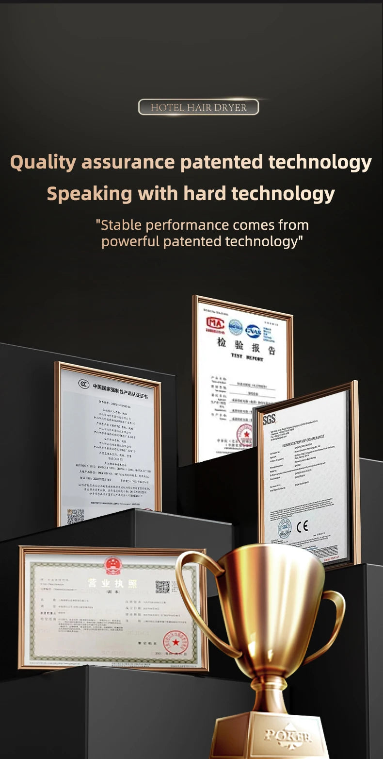 Certified high-performance hotel hair dryer with blue light care, wall-mounted design, and quality safety credentials.