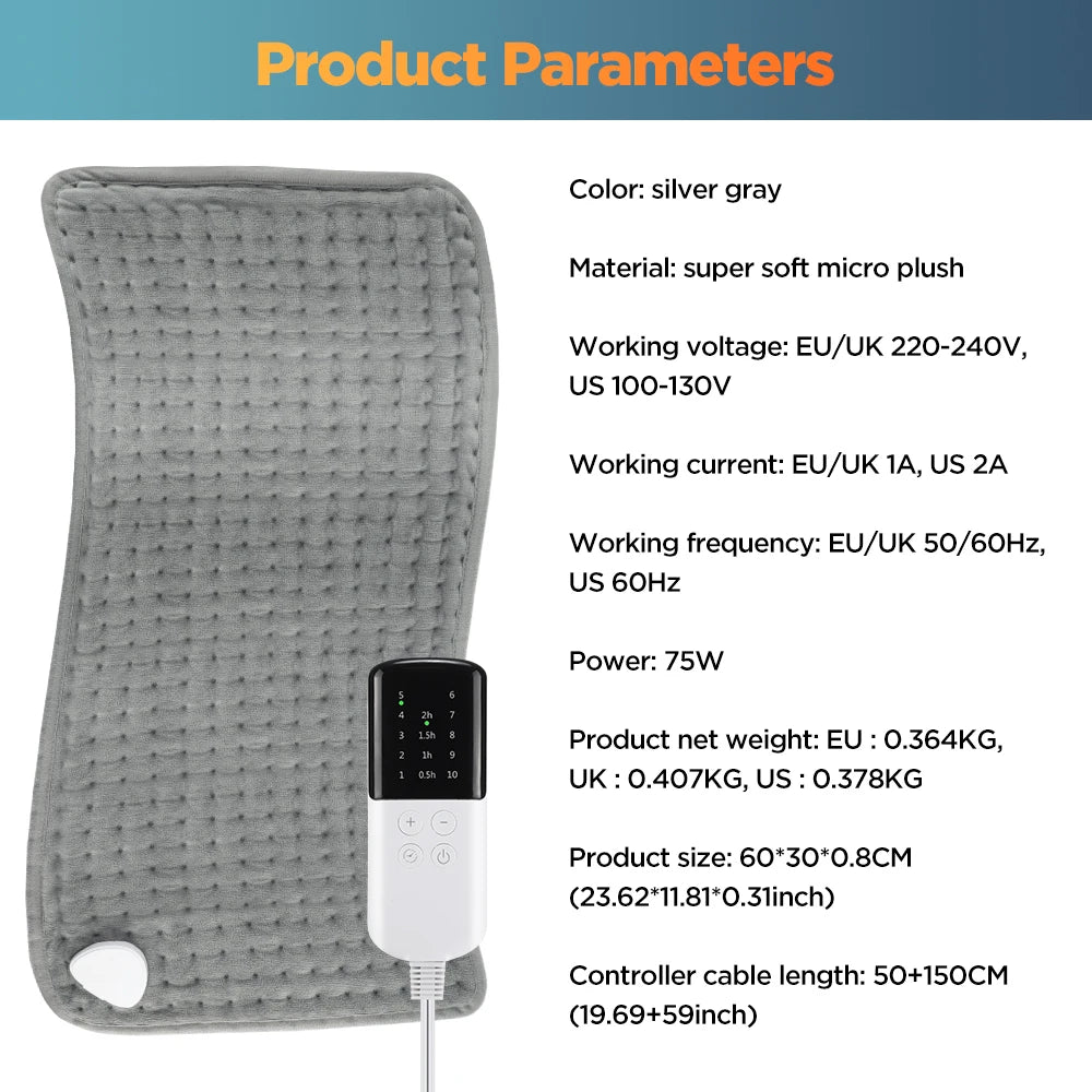Electric Heating Pad for Muscle Relief - 10 Heat Settings & 4 Timers Body Shaping Massage Equipment Tidesmit
