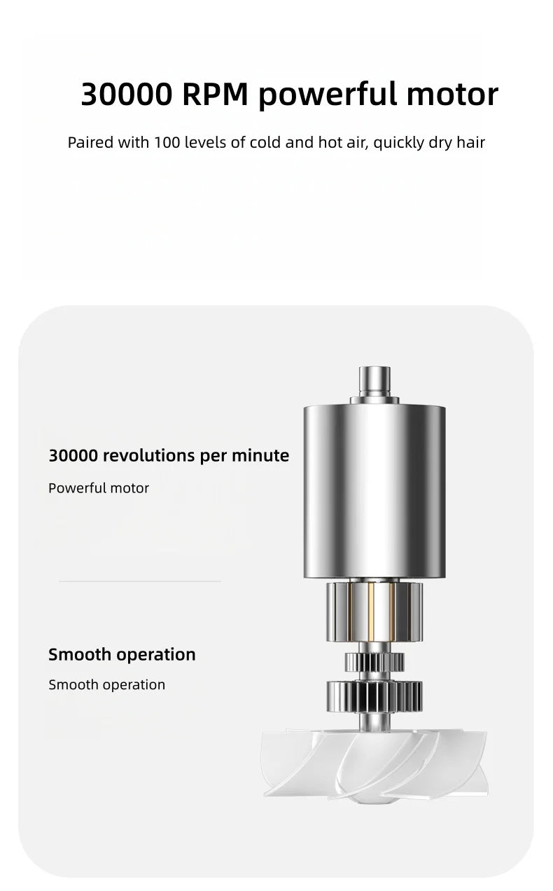 Powerful 30,000 RPM motor for high-speed wireless hair dryer with smooth operation for quick, cold and hot hair drying.