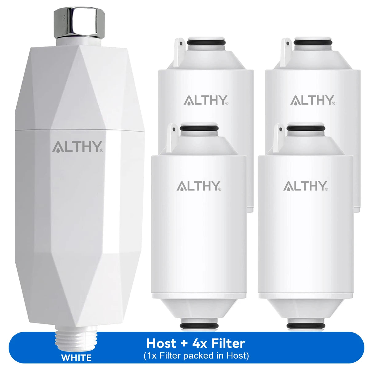 ALTHY Vitamin C shower water filter removes chlorine and heavy metals for improved dry skin and dandruff relief.