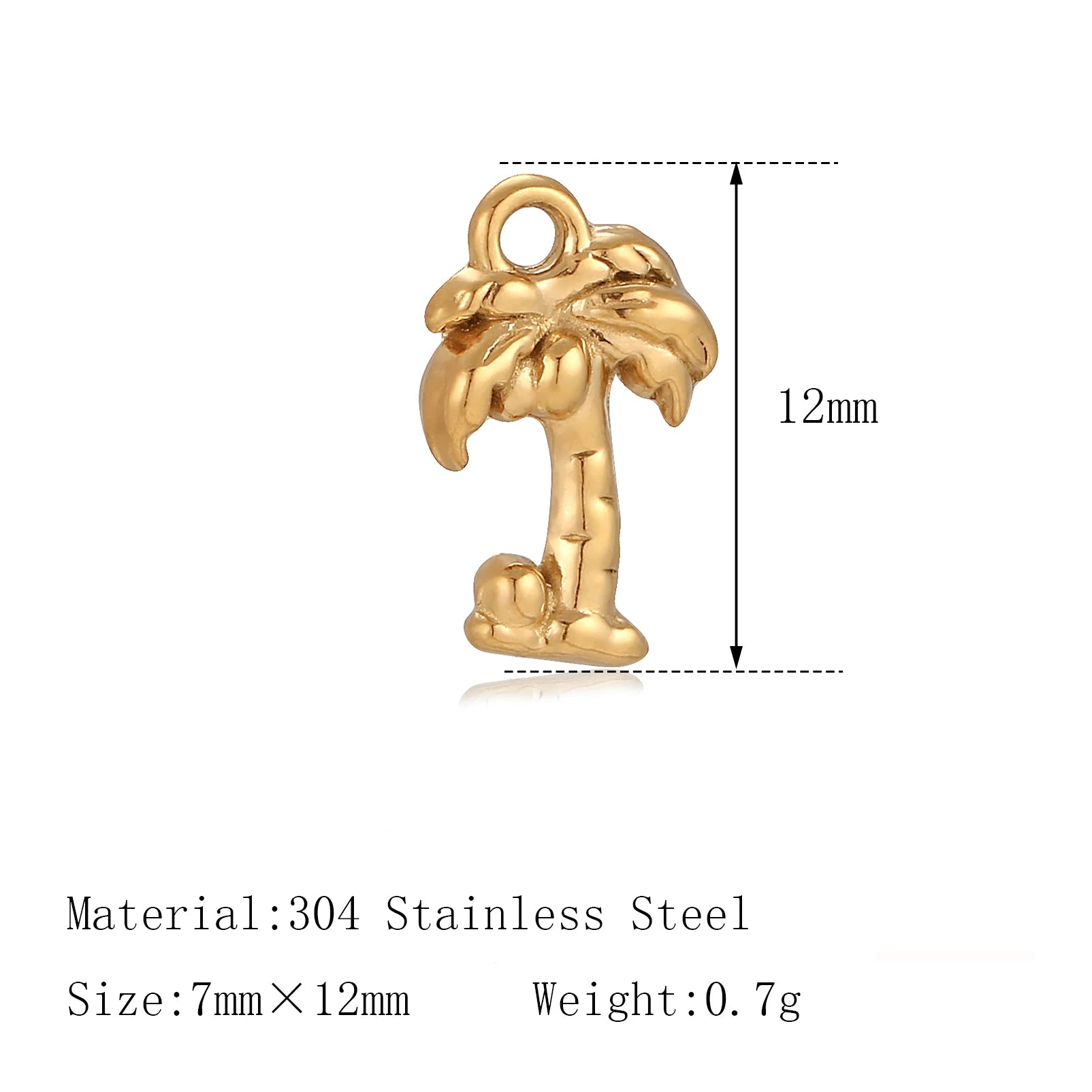 Gold palm tree charm, 12mm 304 stainless steel pendant for custom pet collars, necklaces, and DIY jewelry making.