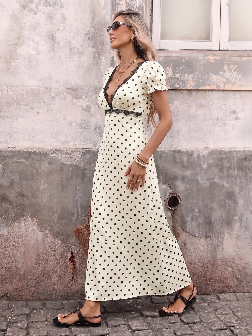 Elegant Dot Print Lace Backless Women Dress Fashion V-neck Puff Sleeve Bandage Maxi Dress 2026 Summer Female Party Holiday Dress