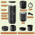 Portable black electric coffee maker parts kit with USB-C charger, capsules, and powder containers on light background.