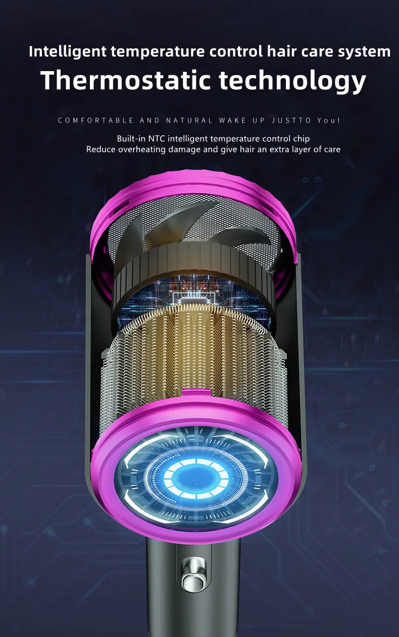 Internal view of purple high-speed 2400W hair dryer with NTC thermostatic tech for salon-quality blow drying.