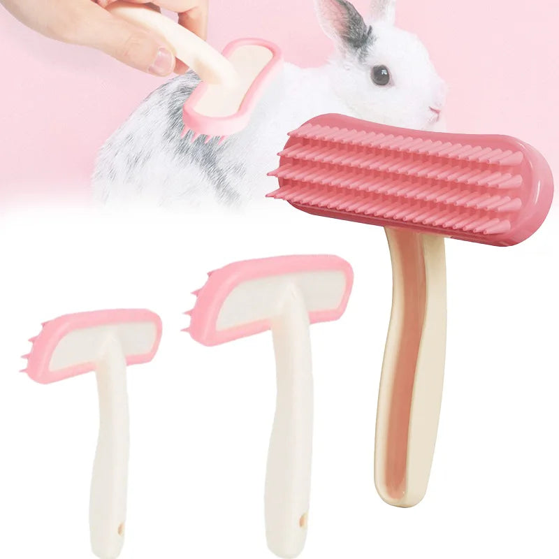 Pink silicone grooming comb for rabbits, cats, and guinea pigs to gently remove loose fur and detangle pet hair.