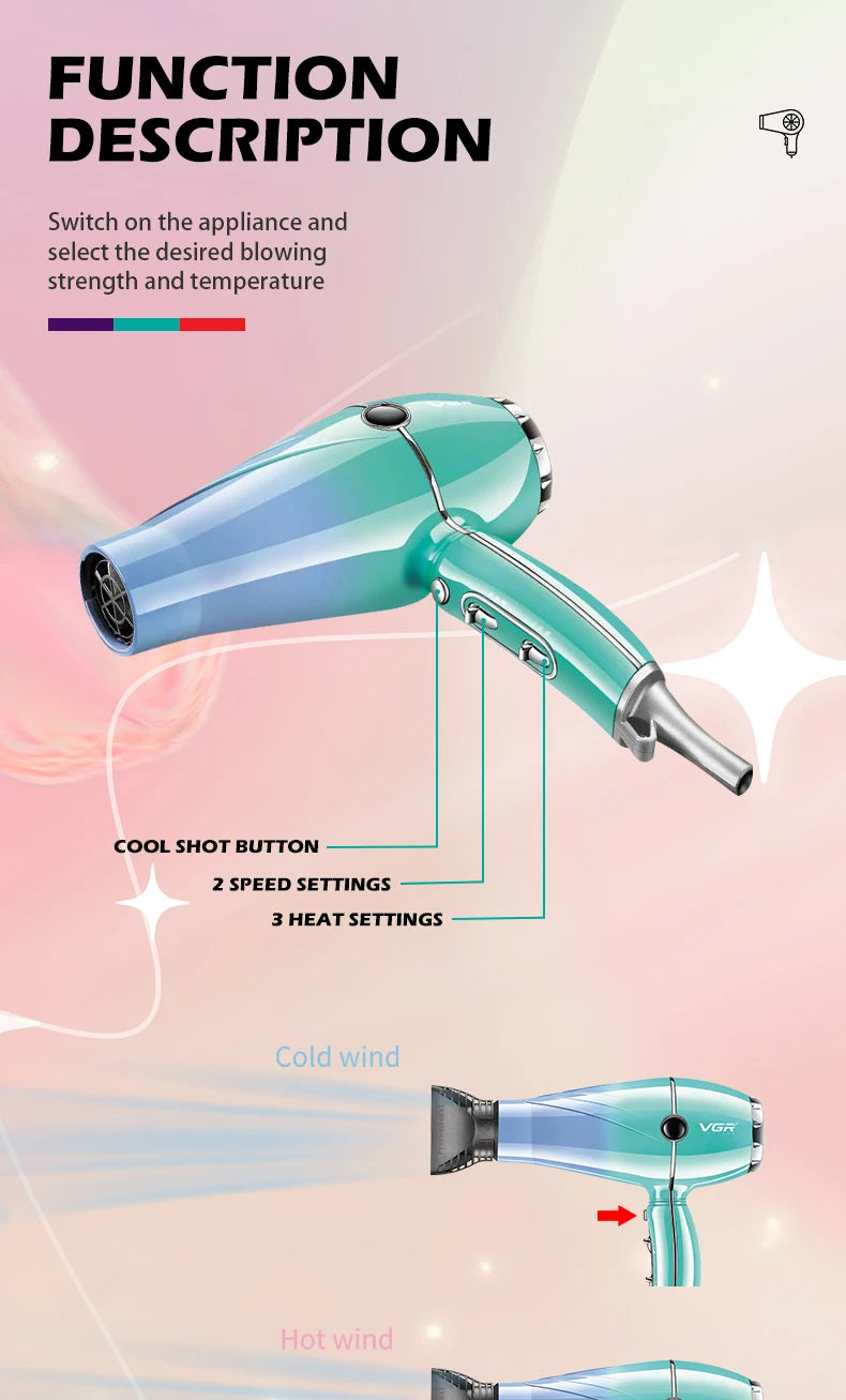 VGR V-452 professional negative ion hair dryer in teal with 3 heat, 2 speed settings, and styling nozzle attachment.