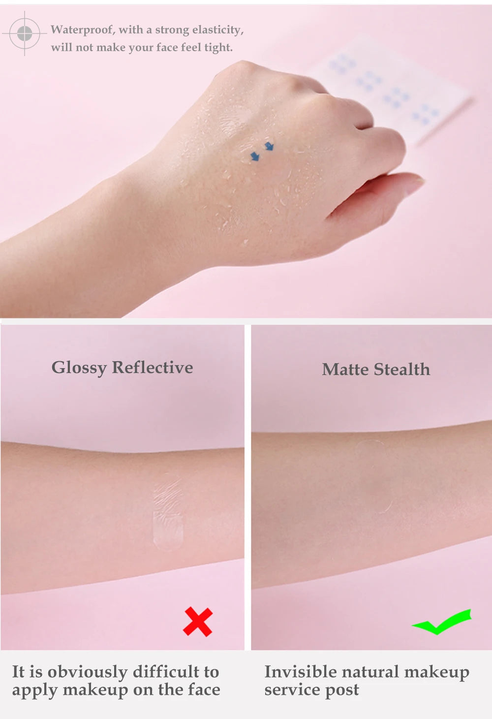 Transparent adhesive face lifting stickers compared: glossy versus matte finish on skin, demonstrating invisibility.