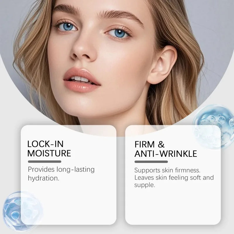 Woman with radiant skin, text boxes highlighting anti-wrinkle micro infusion serum kit for home facial care.