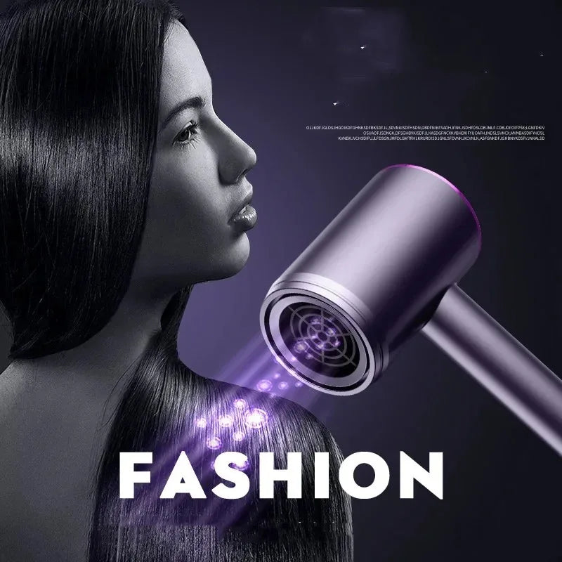 Purple 2000W salon ionic hair dryer for fast, quiet drying with sleek modern design on woman’s long hair.
