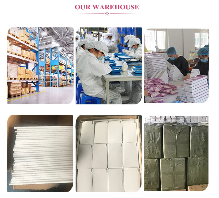 Collage showing Yelix eyelash extension warehouse with workers packaging products and stacks of boxed inventory.