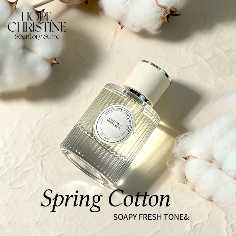 Hope Christine Spring Cotton EDP: Unisex, long-lasting soap-scented fragrance in a round, ribbed glass bottle.