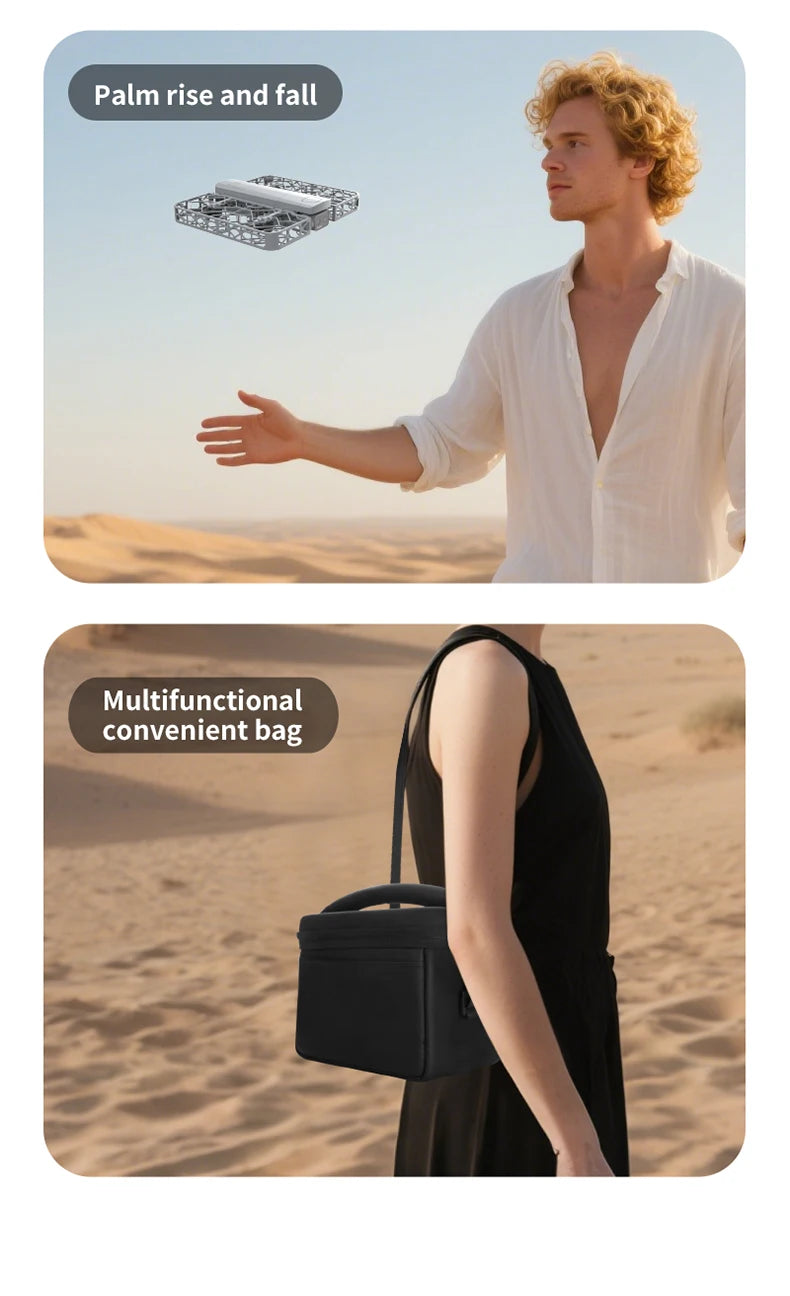 Small gray square drone hovering over a hand and a black rectangular carrying bag with a shoulder strap.