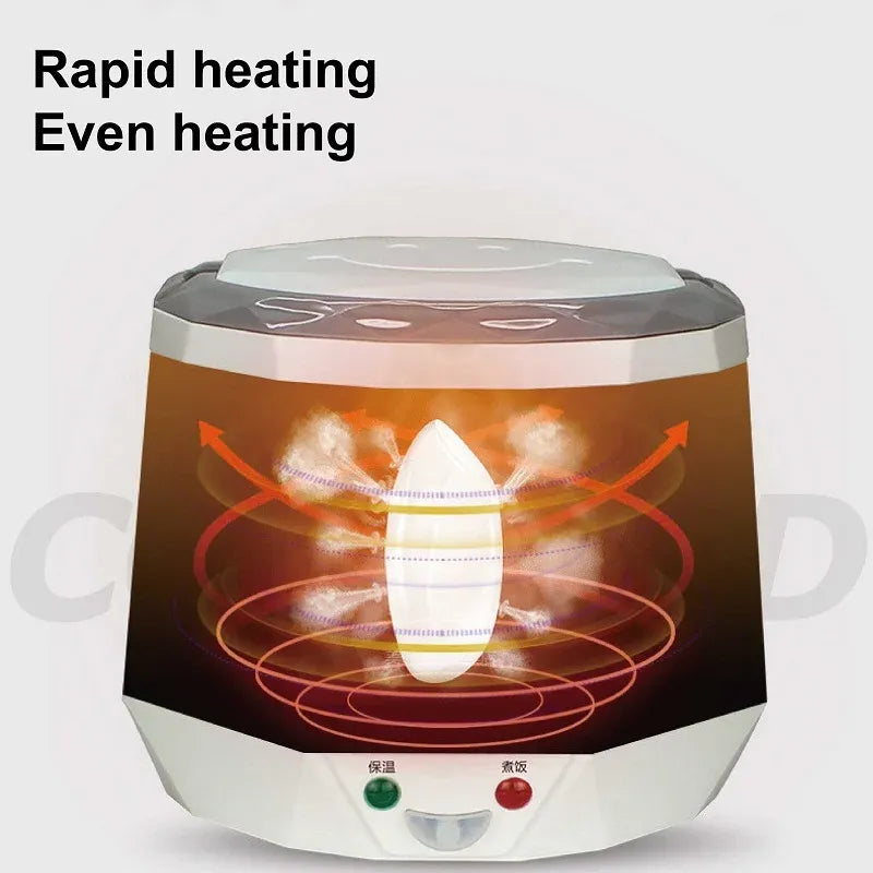 Portable 1.6L car rice cooker, white-and-lime body with heating airflow illustration