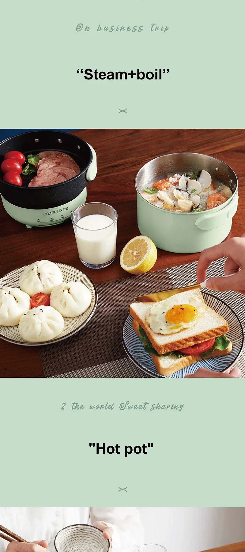 Mint green portable electric cooking pot with open top and black rim