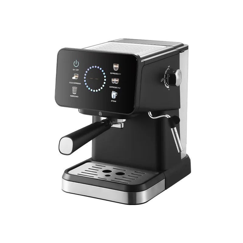 Black and silver espresso machine with digital touchscreen, portafilter, and steam wand for home coffee brewing.