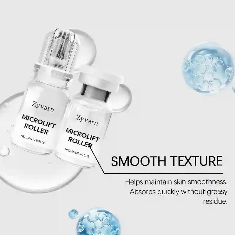 Two 10ml Zyvarn Microlift Roller glass serum vials with applicators for skin smoothing and absorption.