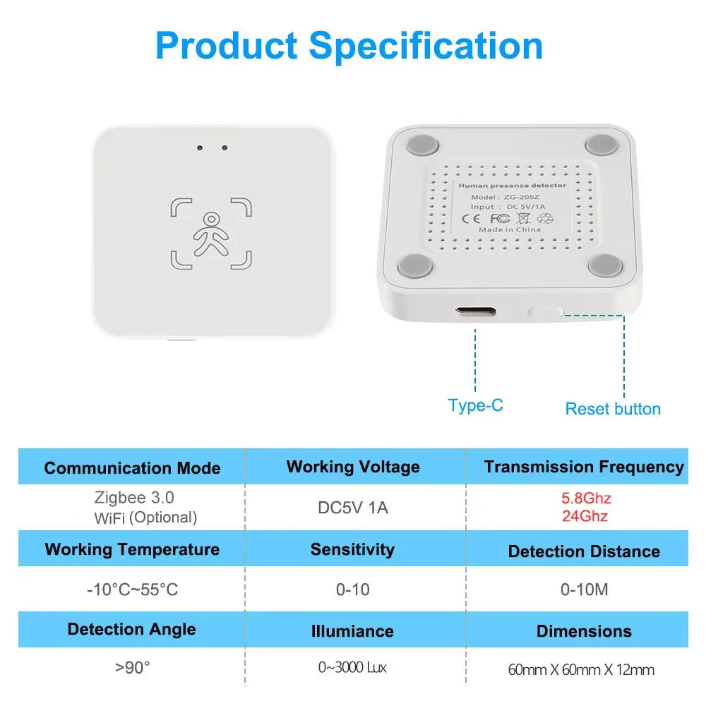 Tuya WiFi / Zigbee Human Presence Detector 24G,Luminance/Distance Detection, Smart Human Body PIR Sensor Support Home Assistant