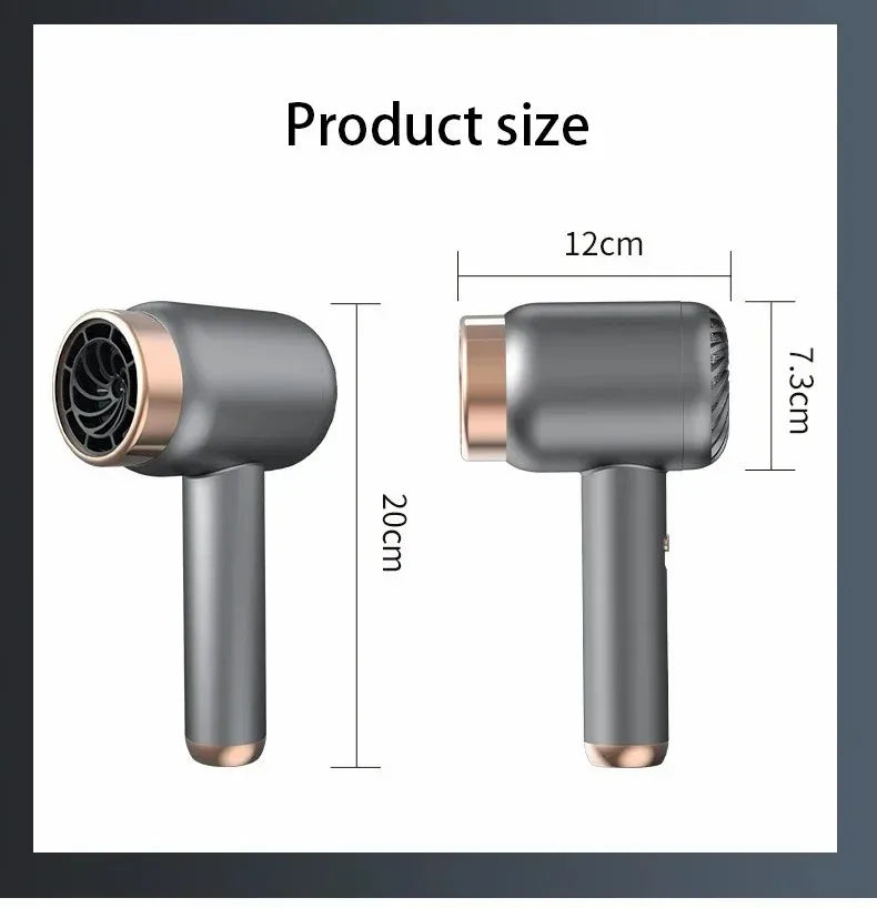 Portable USB rechargeable grey and rose gold hair dryer showing compact dimensions for travel and home use.