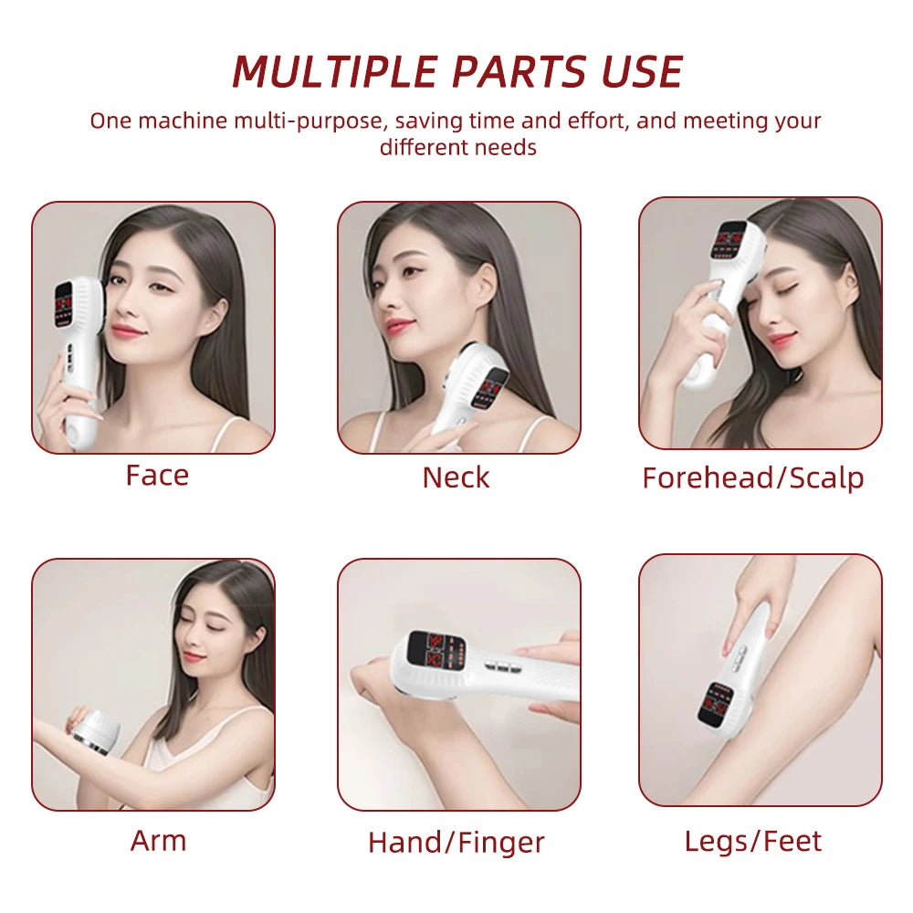 White handheld red light therapy device shown applied to the face, neck, scalp, arm, hand, and legs.