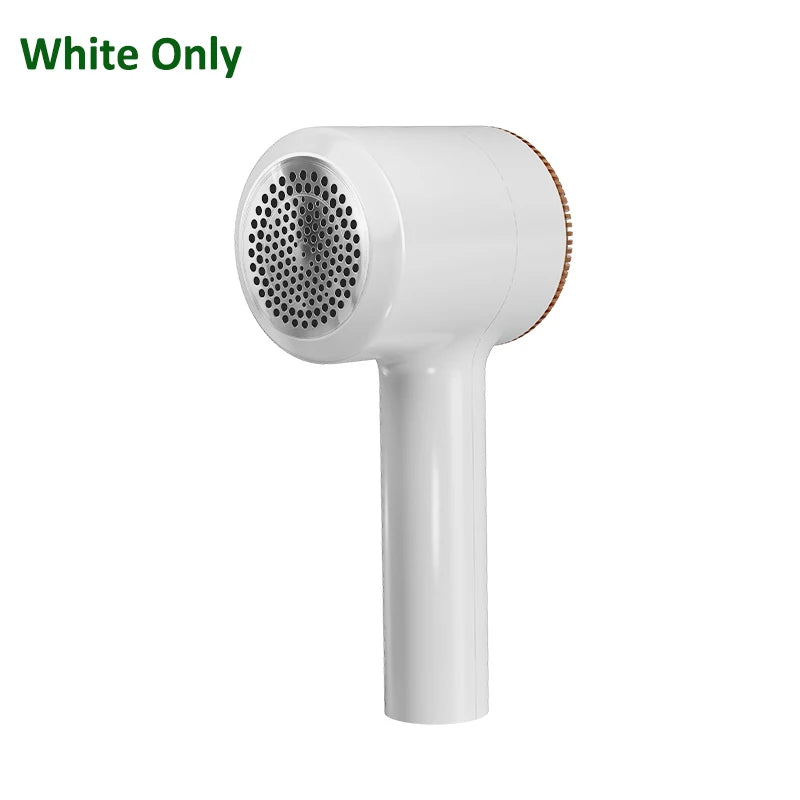 White electric fabric shaver with round perforated shaving head and protective rim