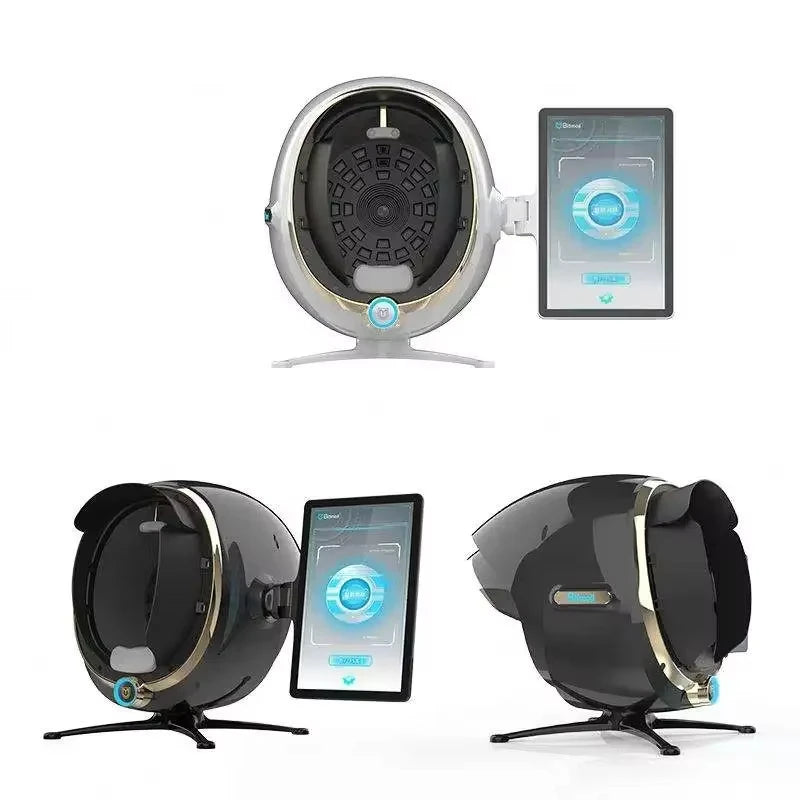 Portable 3D skin analysis machine with facial scanner, magic mirror, and tablet for moisture and texture testing.