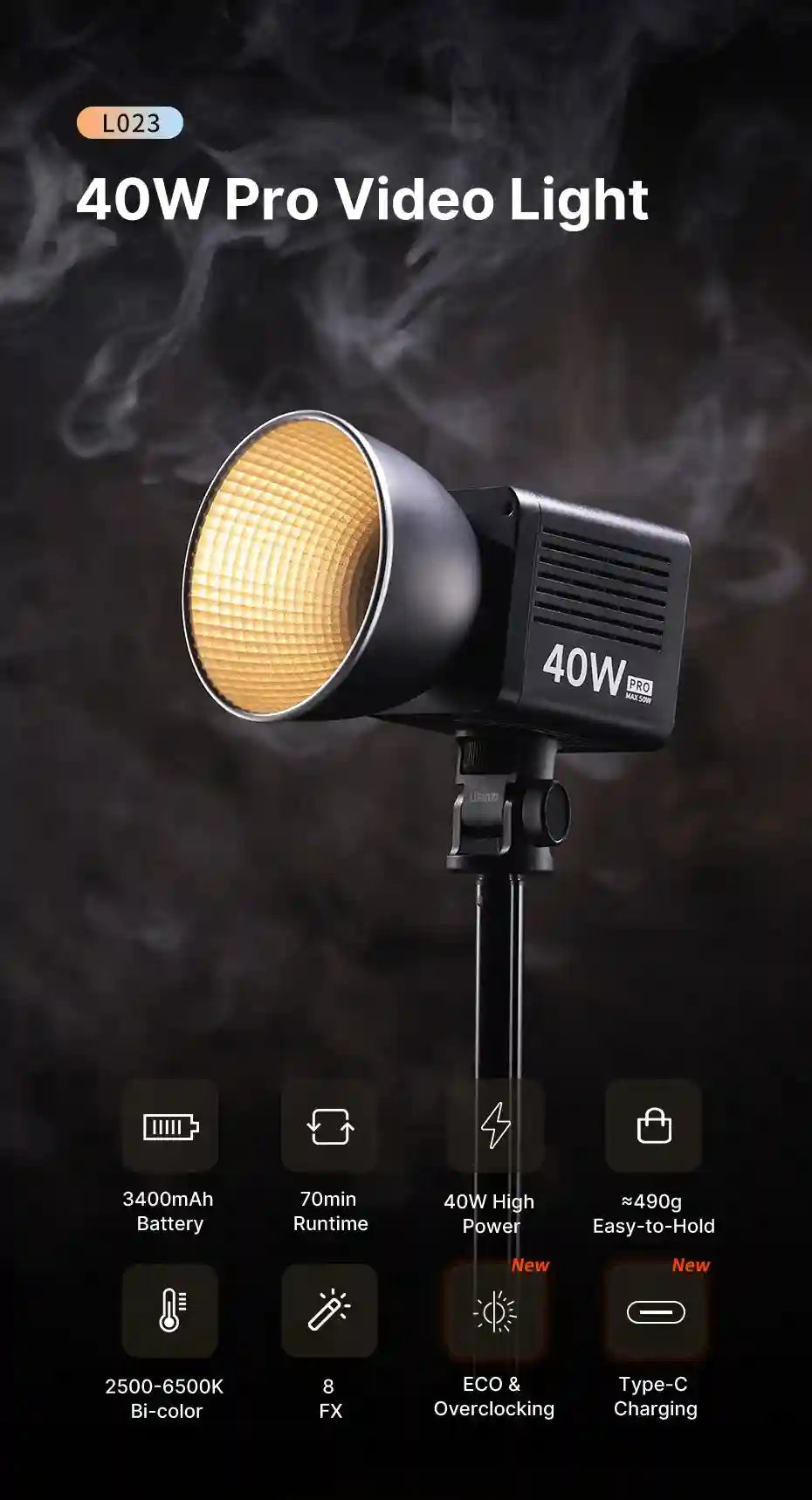 40W Pro black portable video light with a round, textured reflector head mounted on a stand for photography lighting.