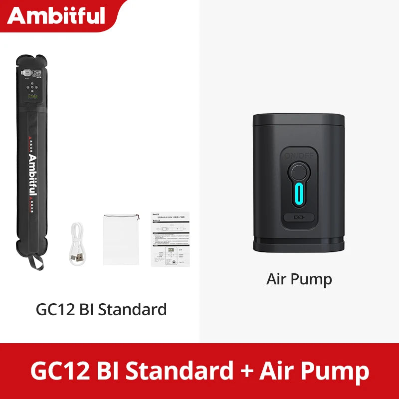GC12 BI LED light wand and a small black electric air pump with charging cable, carrying bag, and instruction manual.