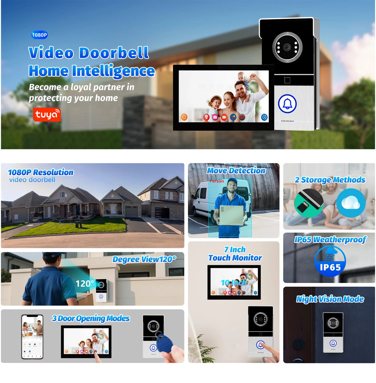 Tuya WiFi Video Intercom with 7'' HD Display, Dual-Mode Night Vision & Waterproof Design, Video Door Bell for Villa/Gate