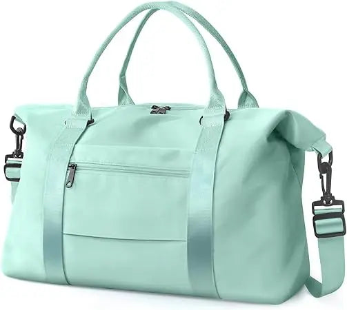Mint green unisex large duffle bag with shoe compartment, custom logo space, and adjustable shoulder strap.