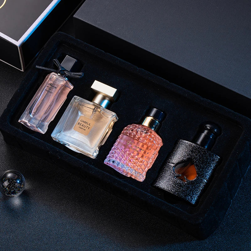 Gabelil Beauty 2025 Perfume Gift Set: 4 luxury EDT fragrance bottles with unique shapes for men and women.