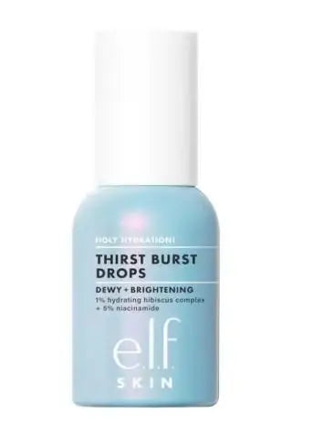 e.l.f. Skin Thirst Burst Drops in light blue bottle, a hydrating and brightening serum for a dewy makeup finish.
