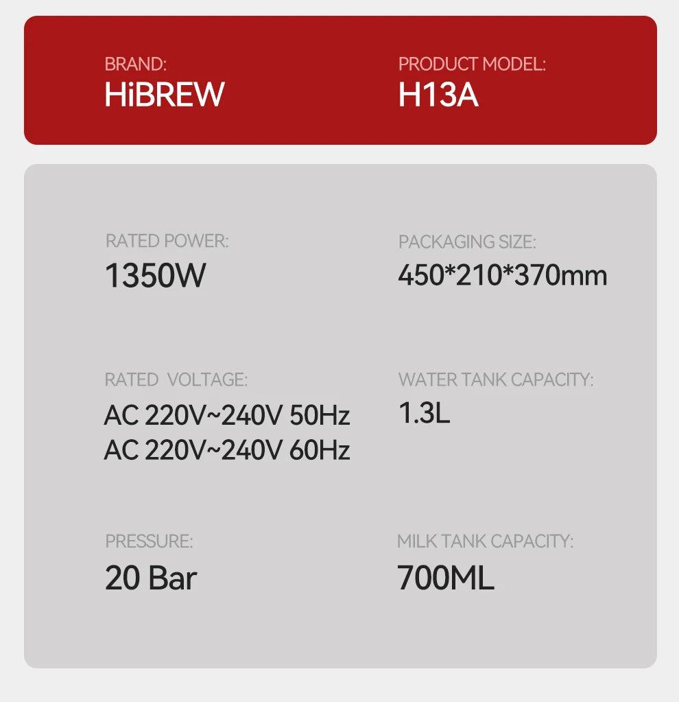 HiBREW H13A coffee maker spec sheet with 1.3L water tank, 700ml milk tank, 20 bar pressure, and 1350W power.