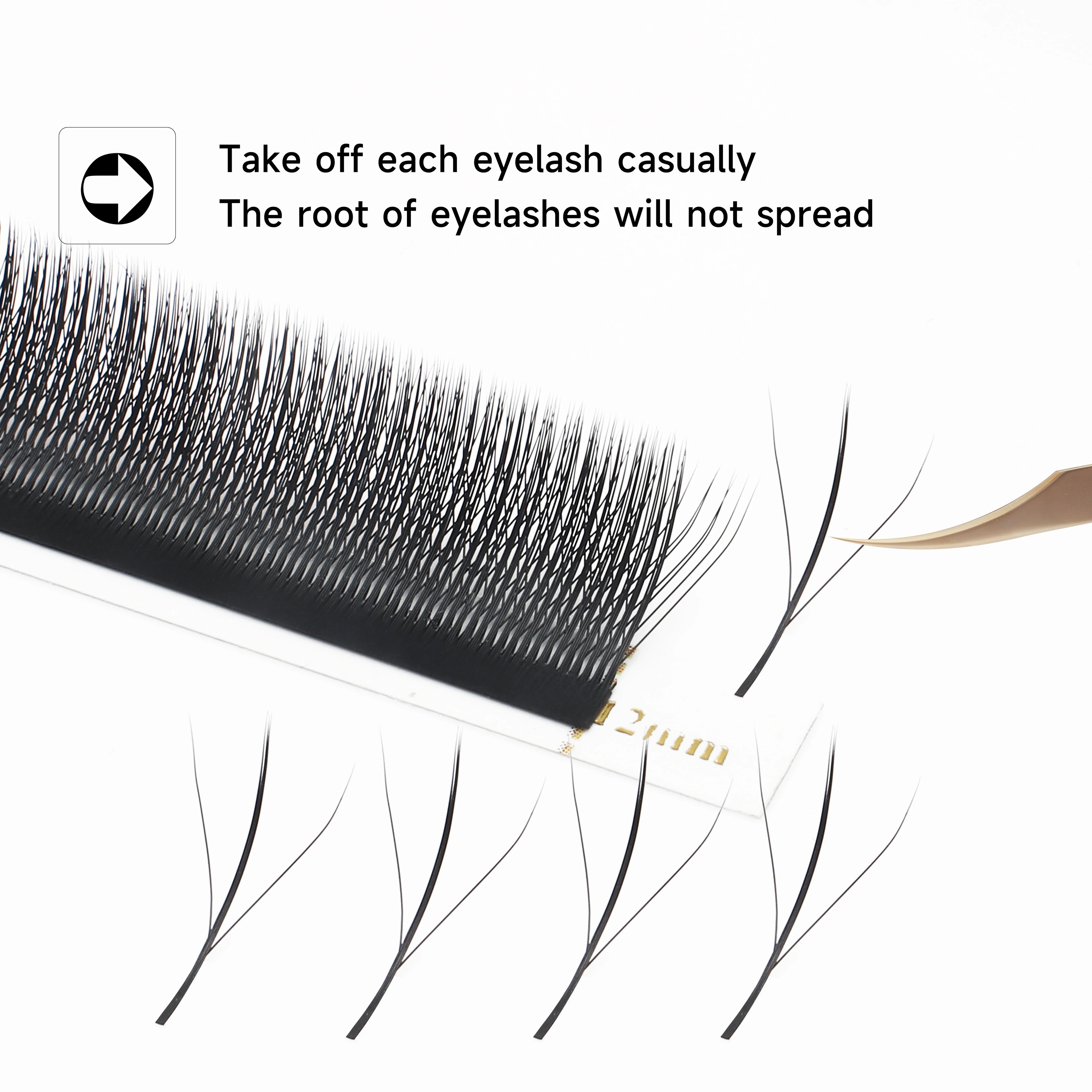 Black individual eyelash extensions on a tray, arranged to be picked up by tweezers for volume lashing.