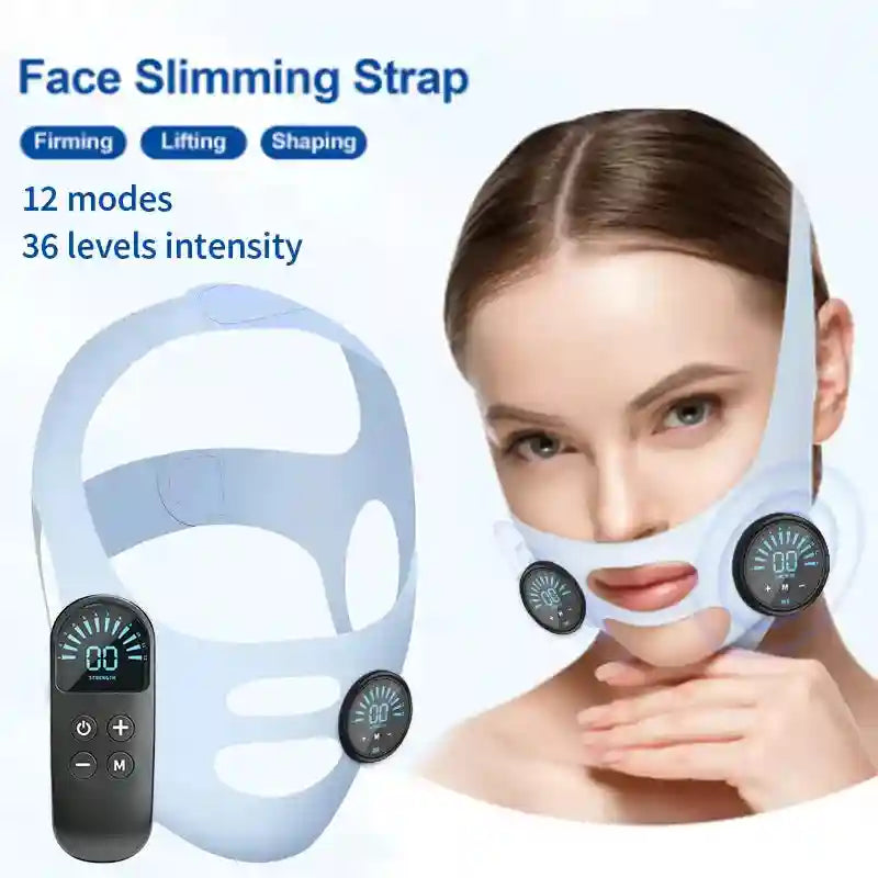 Light blue, cut-out face slimming strap with two circular control modules and a handheld remote for facial lifting.