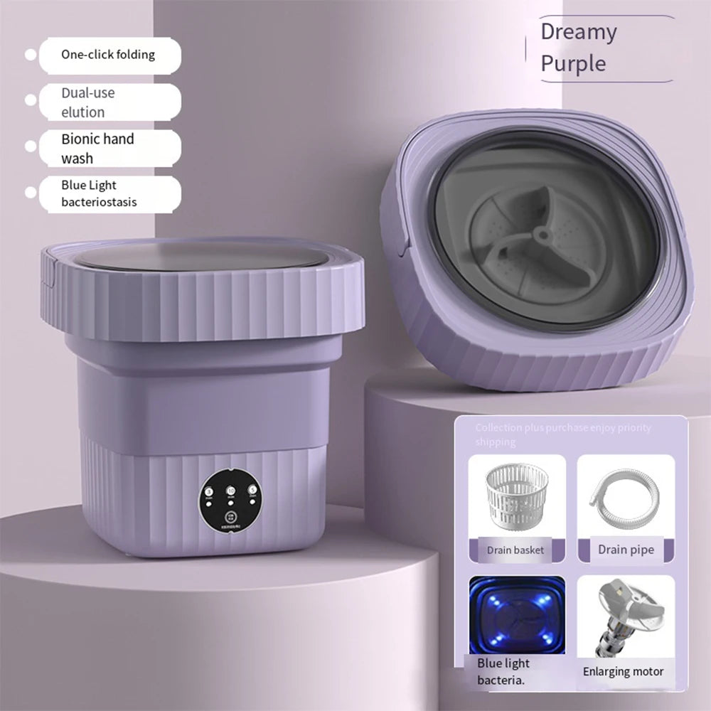 Dreamy purple folding automatic shoe washer with open lid and front control panel, accessories shown