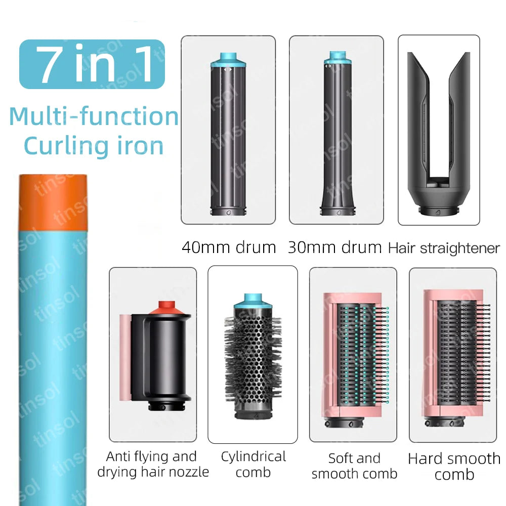 7-in-1 high-speed ionic hair dryer set with curling barrels, straightening, and smoothing comb attachments in grey-pink.