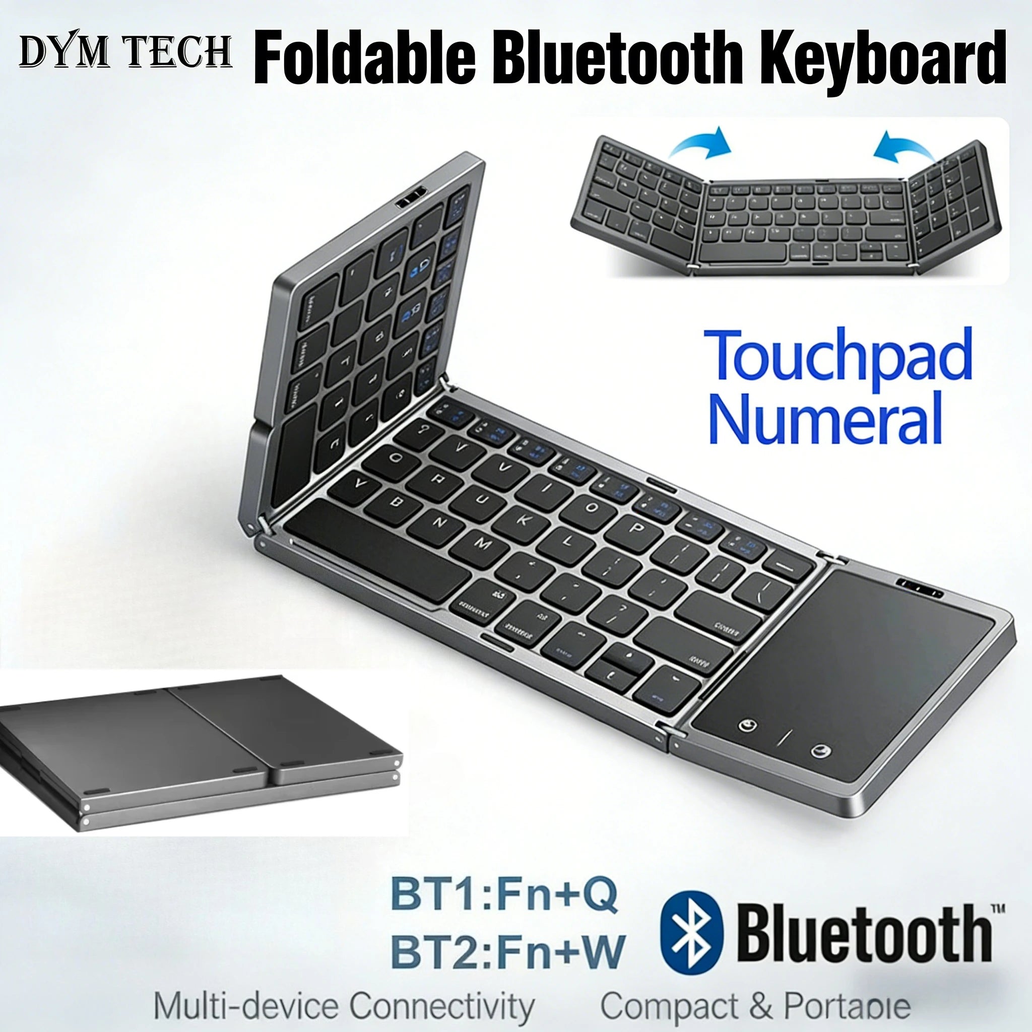 3-Folding Keyboard Mini Wireless Keyboard Foldable Dual Bluetooth Keyboard with Touchpad for Windows Android IOS iPad Phone