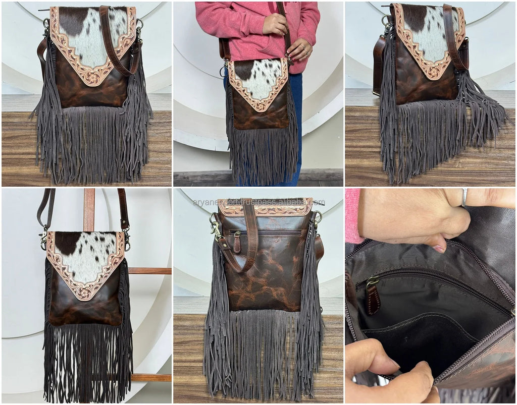Vintage floral tooled brown leather crossbody bag with white cowhide flap and long grey fringe detail. Designer style.