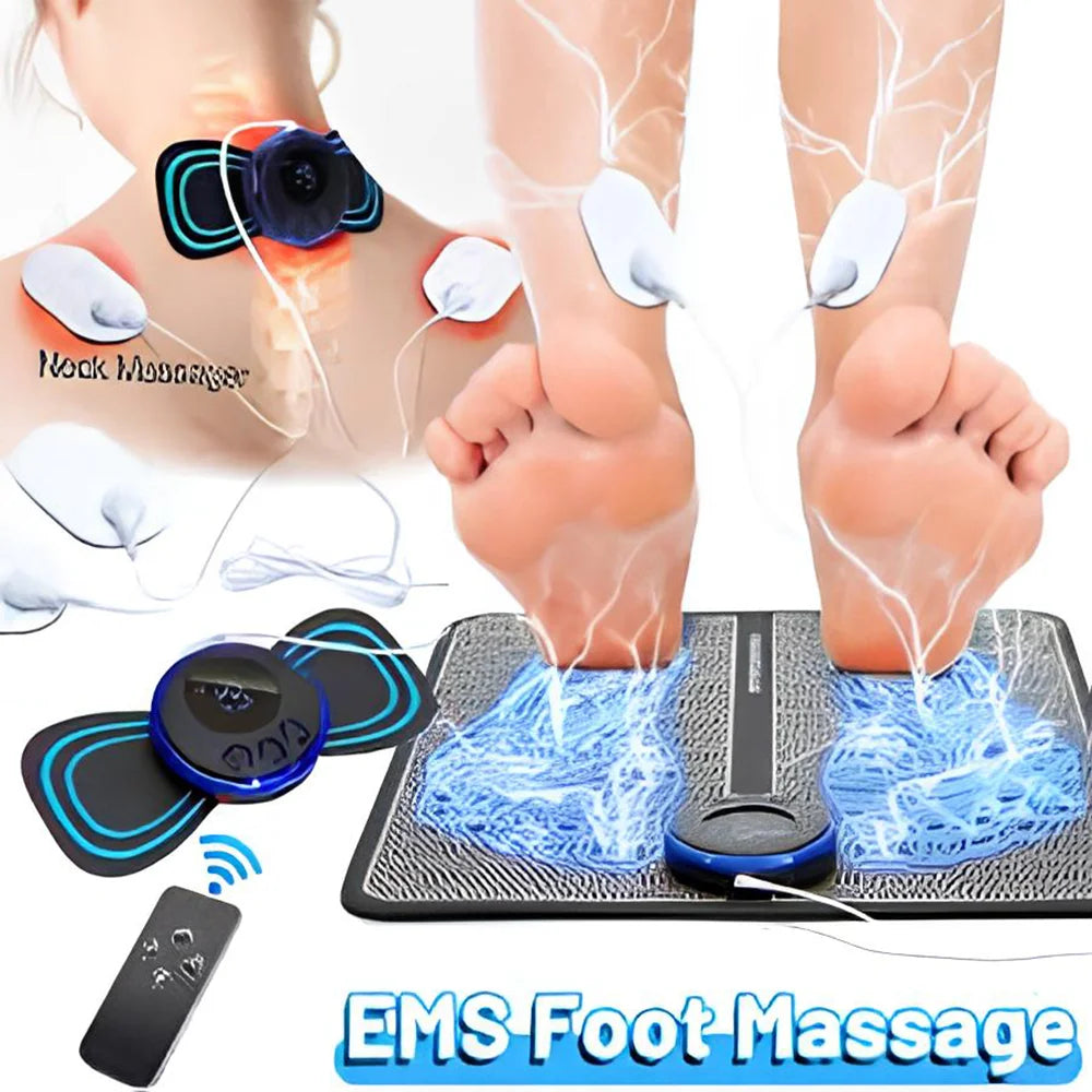 Portable electric EMS foot massage mat with remote, neck massager, and electrode pads for pain relief and circulation.