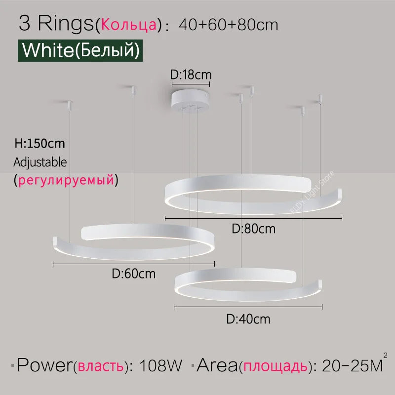 Modern 3-Ring LED Chandelier - Adjustable Dimmable Black Finish 3 Rings White L Tidesmit