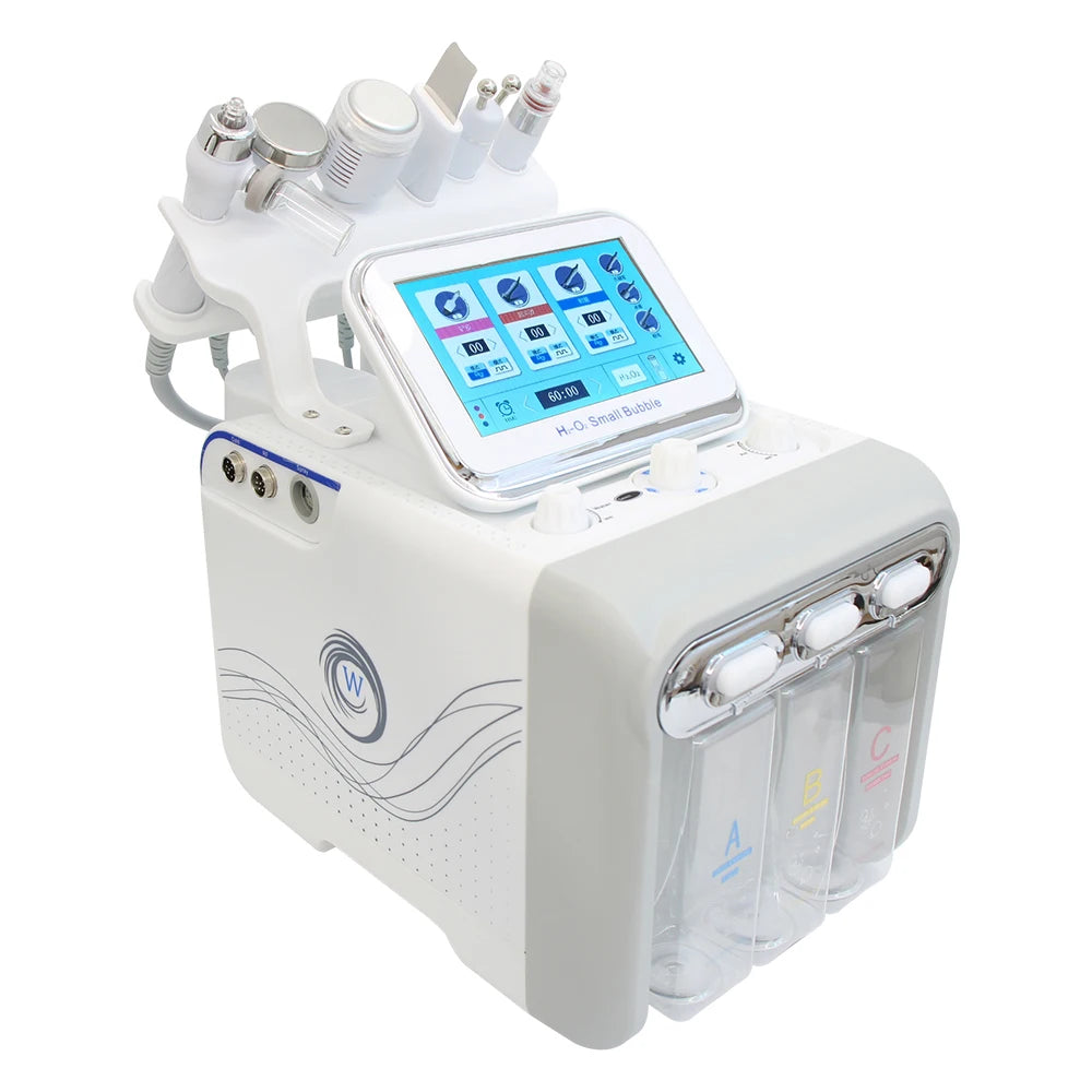 AOKO 7-in-1 hydro dermabrasion facial machine with touchscreen, treatment probes, and solution tanks for deep skin care.