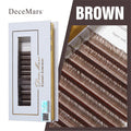 DeceMars brown YY eyelash extensions in white branded packaging. Soft, Y-shaped brown lashes on adhesive strips.