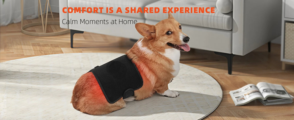 Portable red light therapy belt with 660nm and 850nm LED lights on a Corgi for home back and waist pain relief.