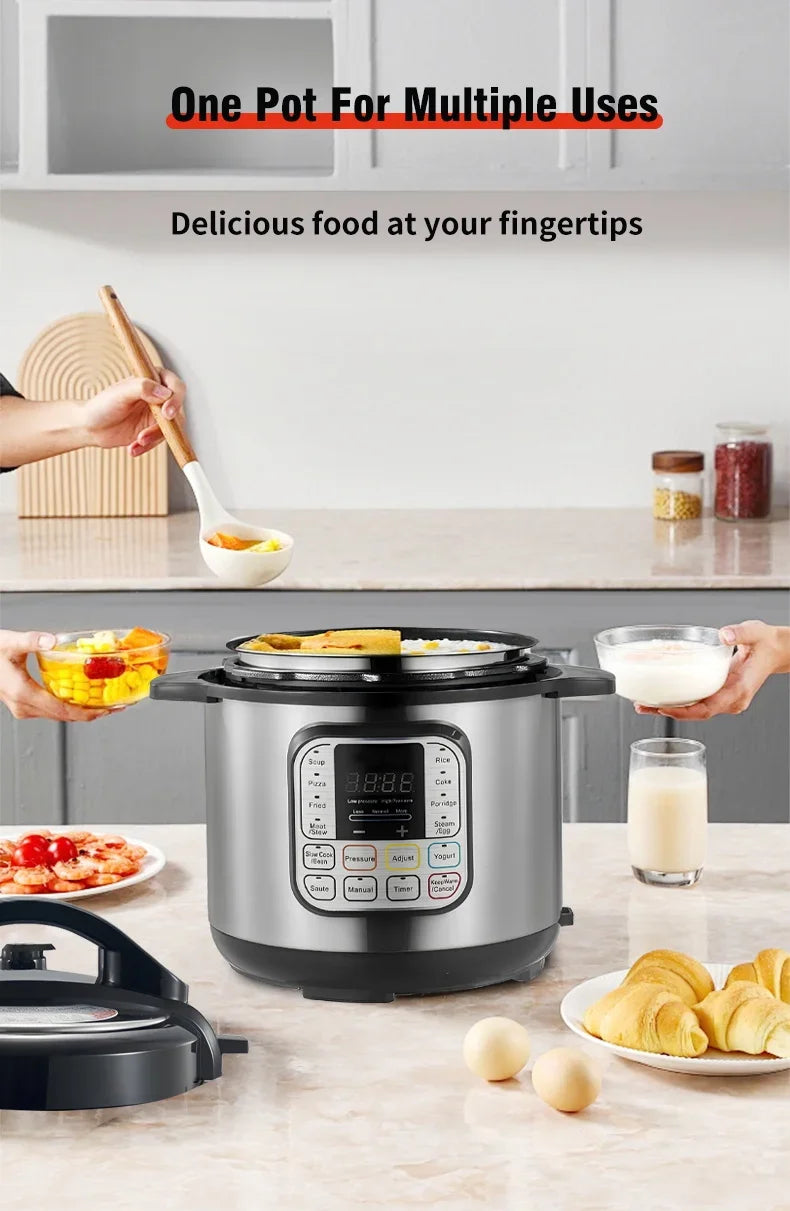 Tidesmit 5L stainless steel electric pressure cooker showing smart multicooker control panel and lid features
