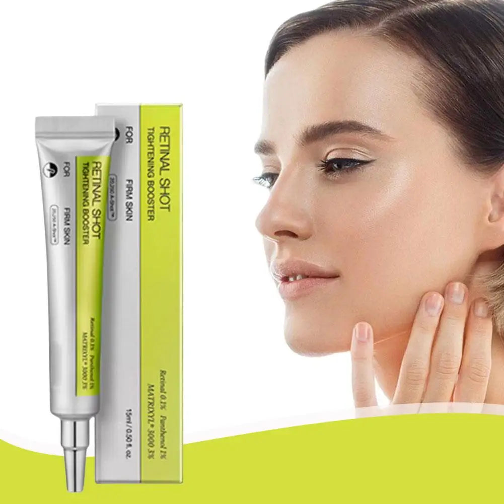 Retinal Shot tightening booster cream in a slim, silver tube and lime green box next to a woman with glowing skin.