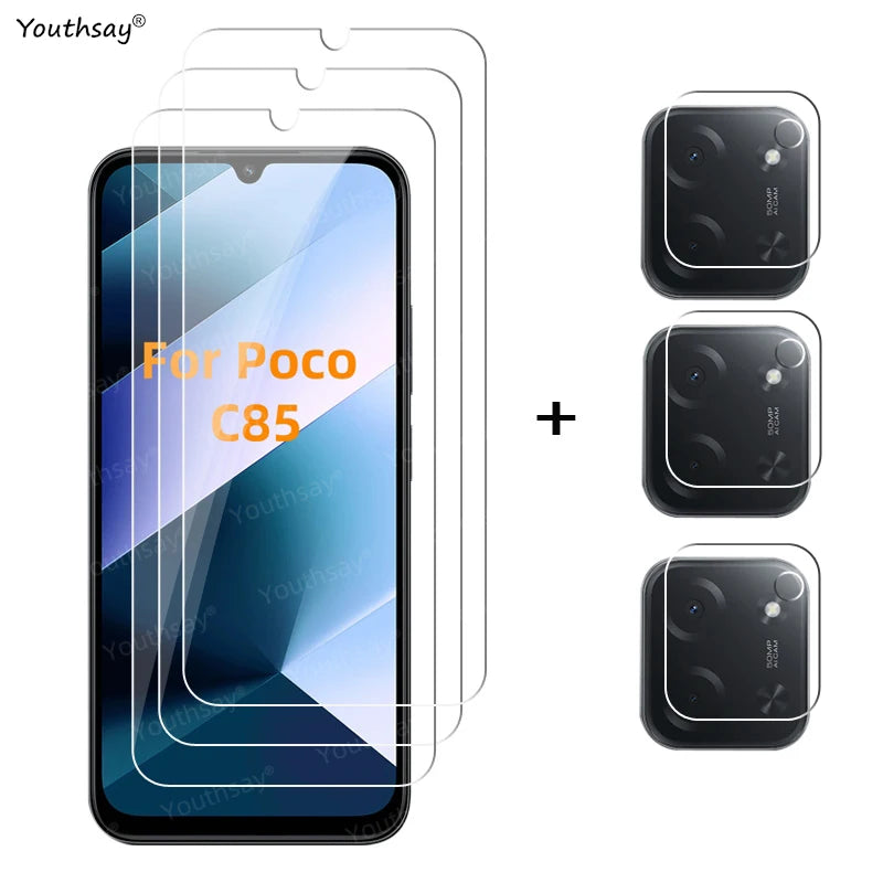 6in1 Full Gule Glass For Xiaomi Poco C85 Tempered Glass Poco C85 Screen Protector Protective Phone Camera Lens Film Poco C85 AE 3 Glass and 3 Lens Poco C85 Tidesmit
