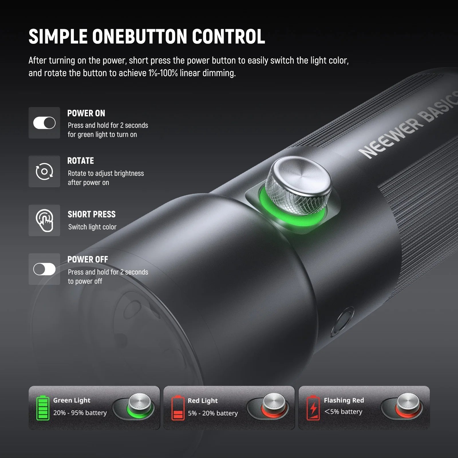Cylindrical black LED light with a top silver dial used to control power, dimming, and light color settings.