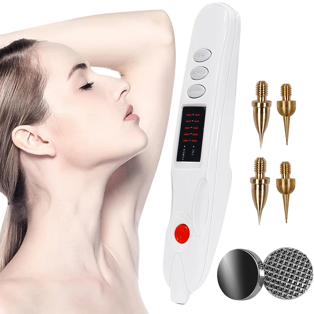 White plasma skin pen for removing moles, warts, and dark spots with interchangeable gold needle tips and attachments.