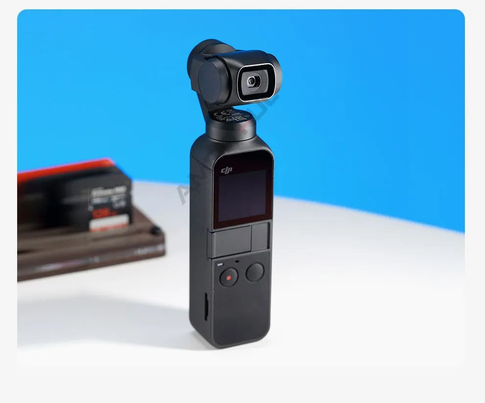 Black handheld gimbal camera with a vertical screen and rotating lens for stabilized video recording.
