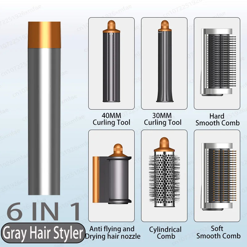 6-in-1 gray high-speed hair dryer with 5 styling attachments, curling barrels, and brushes for professional hair care.